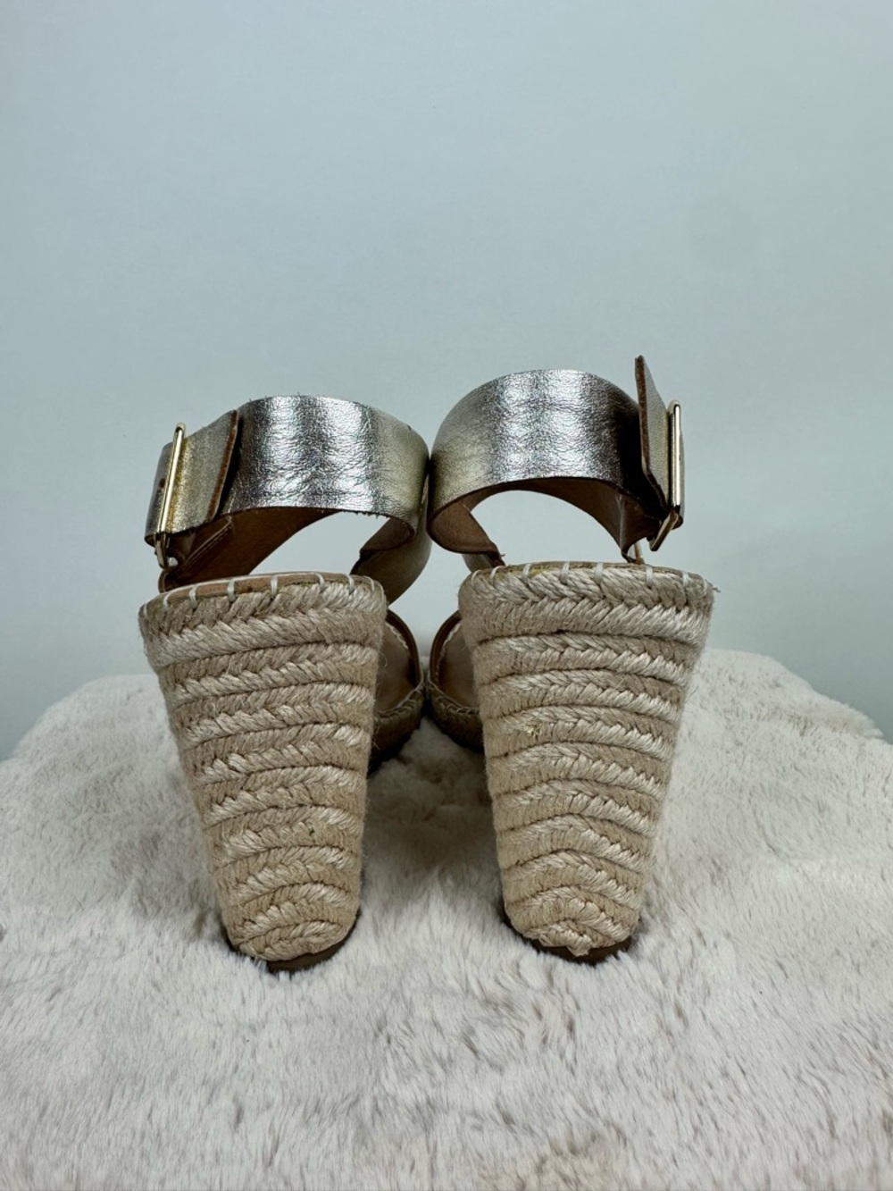 Steve Madden Gold Espadrille Wedge Sandals Leather Platform Ankle Strap Size 10 - Picture 5 of 13